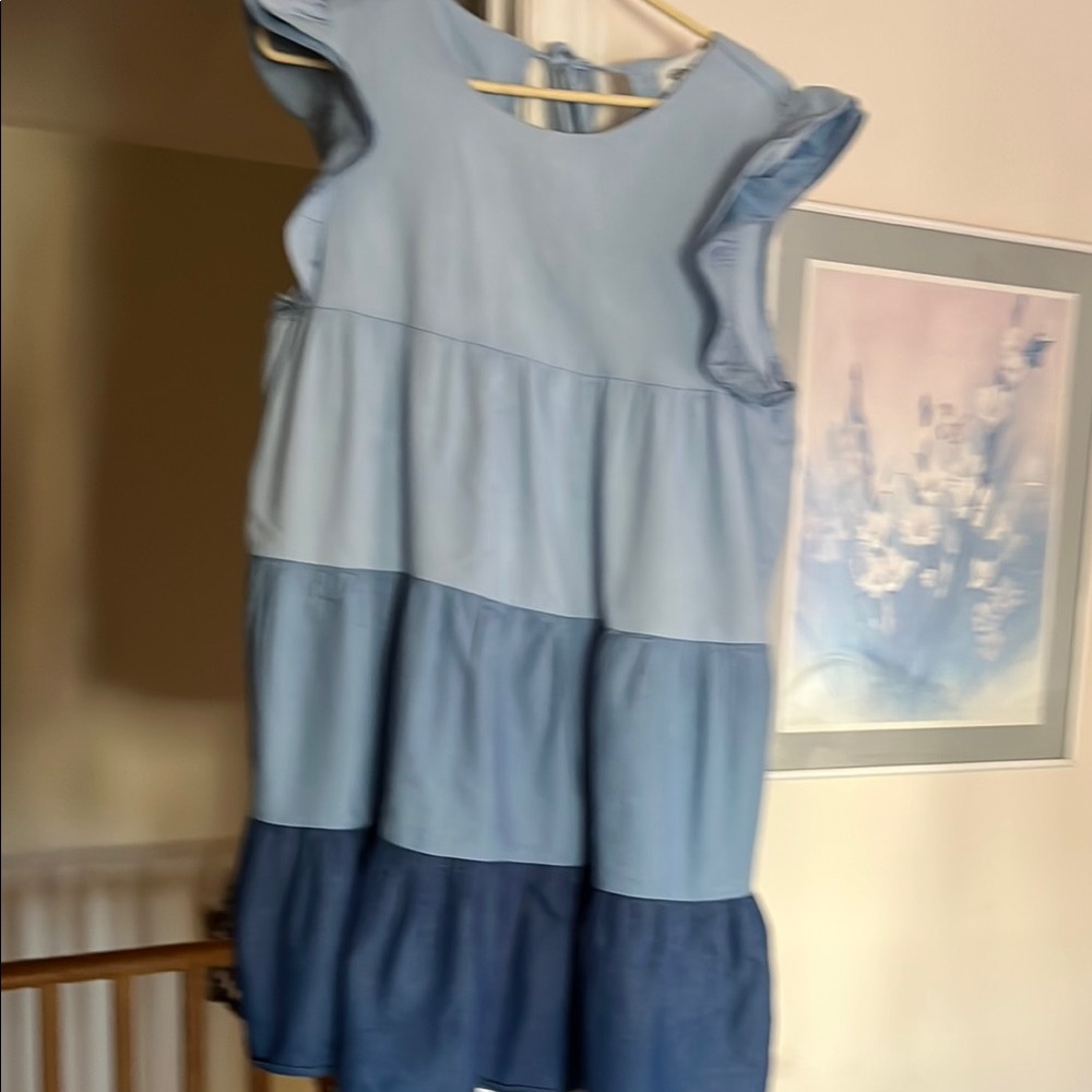 Casual Blue Tiered Sundress with Flutter Sleeves